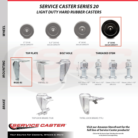 Service Caster 5 Inch Hard Rubber Wheel Swivel Top Plate Caster Set with 2 Brake 2 Rigid SCC SCC-20S514-HRS-TLB-TP3-2-R-2